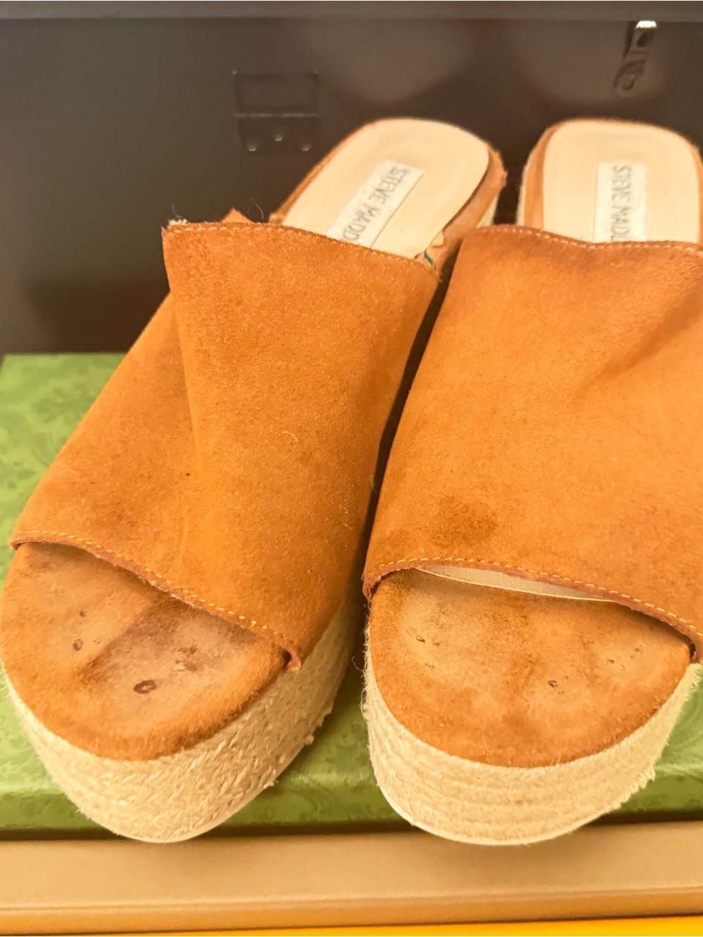 Steve Madden Suede Platform Slide Sandals in Cognac